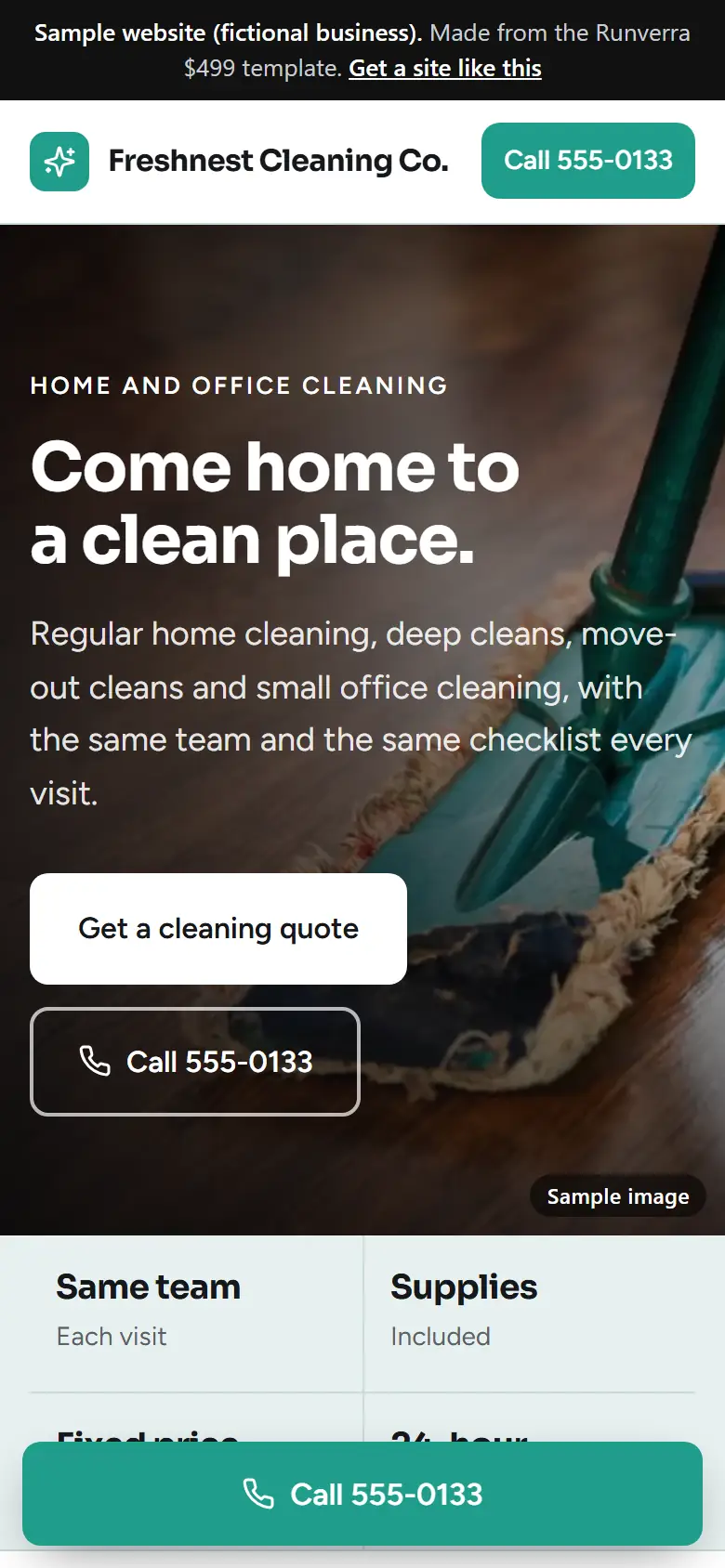 The new cleaning services website on a phone: a clear headline, its main button and a tap-to-call bar