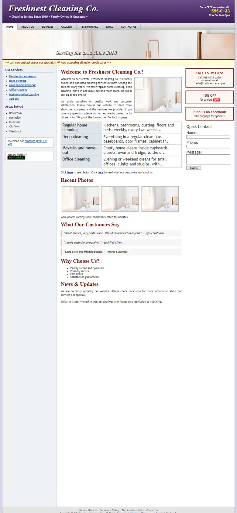 A dated cleaning services website on a phone: small text and no call button
