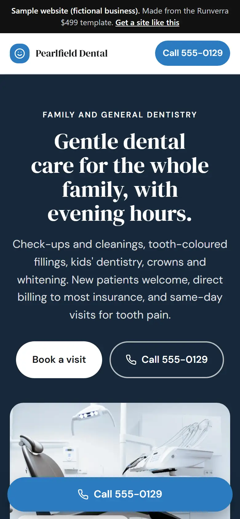 The new dental clinics website on a phone: a clear headline, its main button and a tap-to-call bar