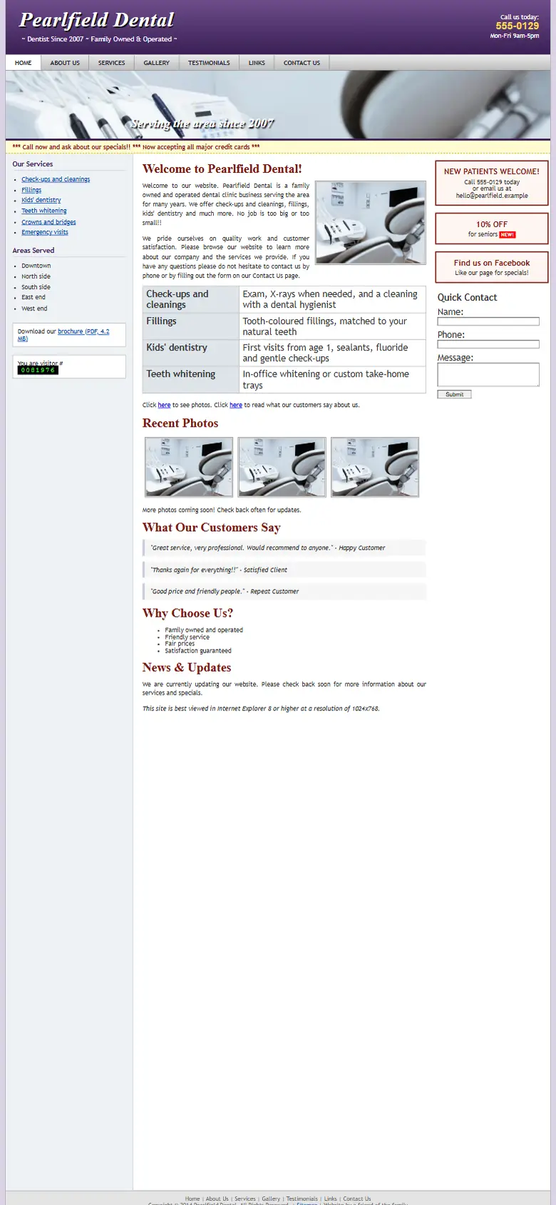 A dated dental clinics website on a phone: small text and no call button
