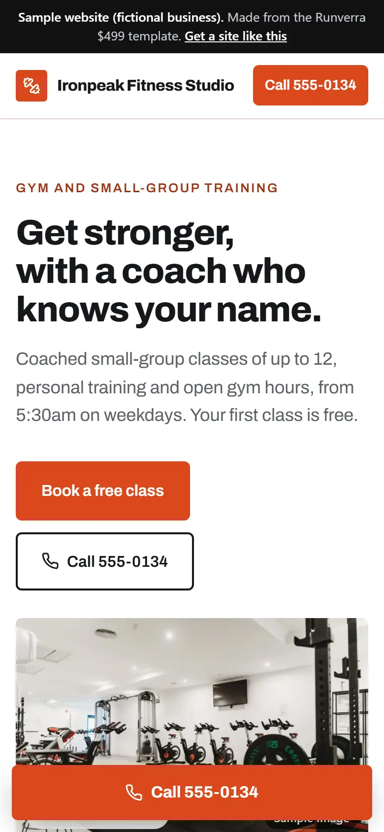 The new gyms and fitness studios website on a phone: a clear headline, its main button and a tap-to-call bar