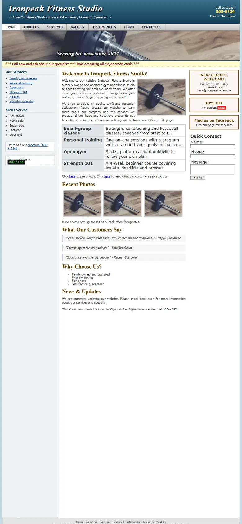 A dated gyms and fitness studios website on a phone: small text and no call button