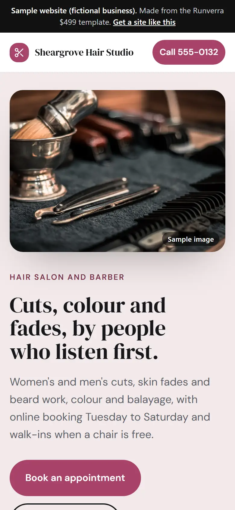 The new hair salons and barbers website on a phone: a clear headline, its main button and a tap-to-call bar