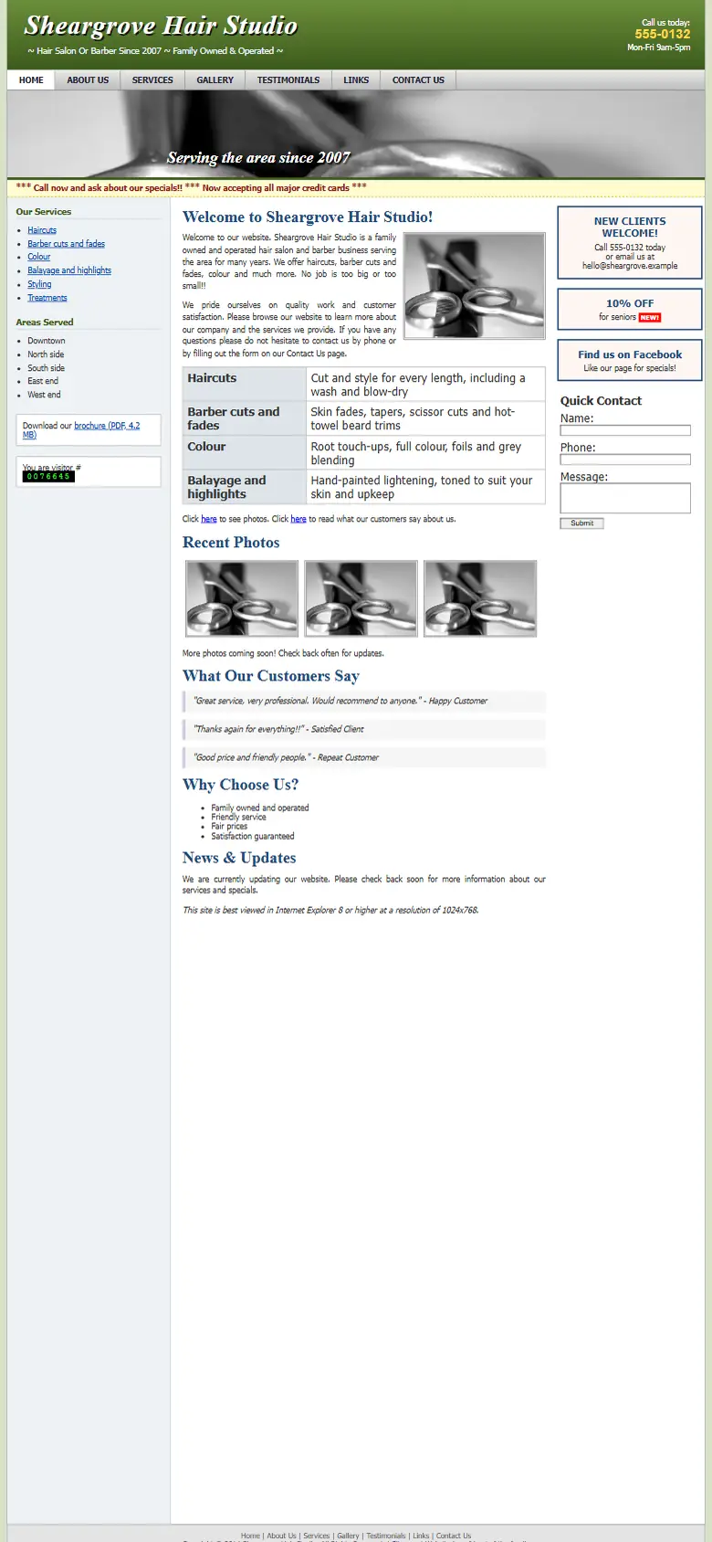 A dated hair salons and barbers website on a phone: small text and no call button
