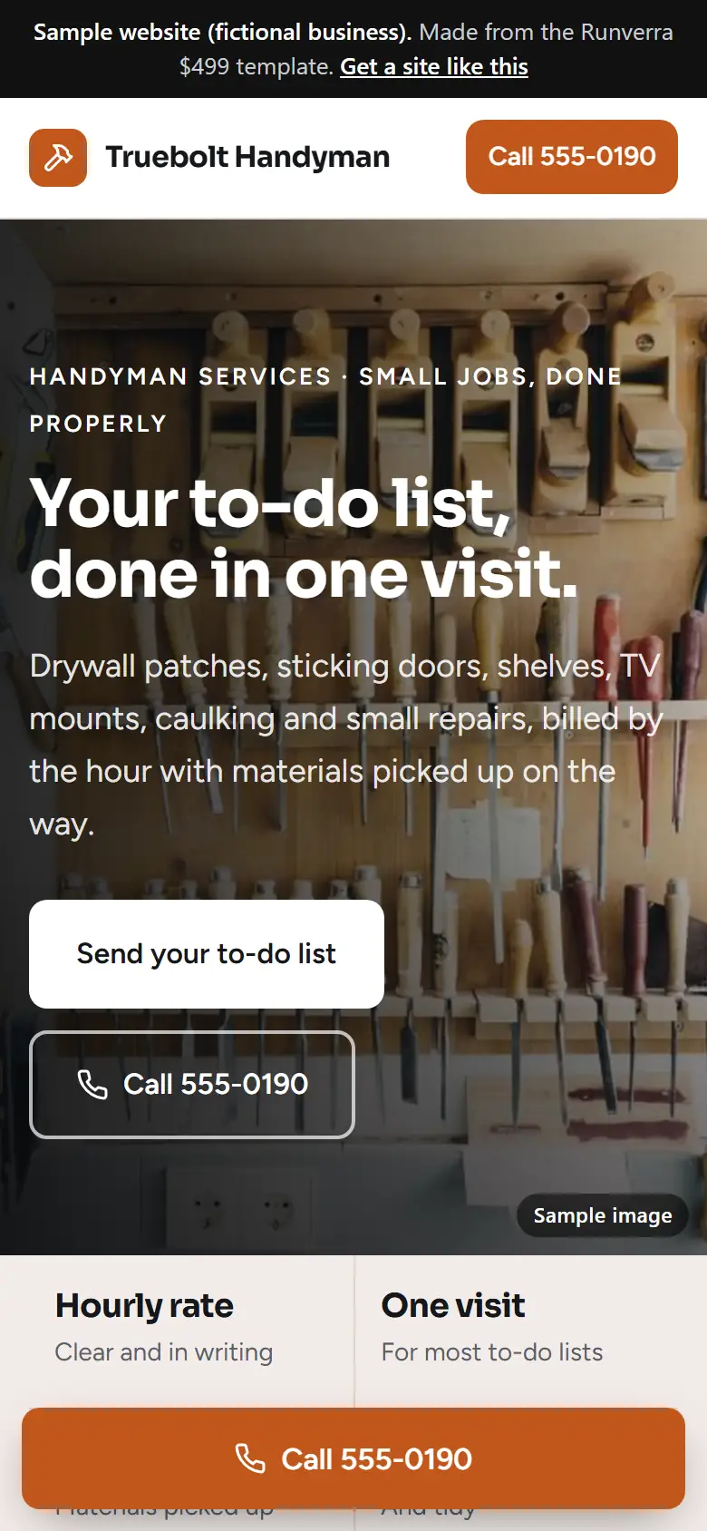 The new handyman services website on a phone: a clear headline, its main button and a tap-to-call bar