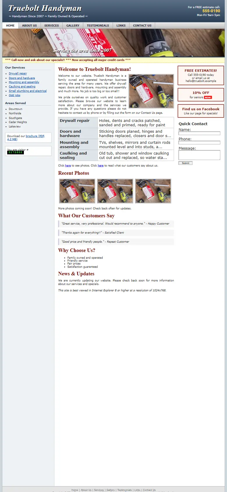 A dated handyman services website on a phone: small text and no call button