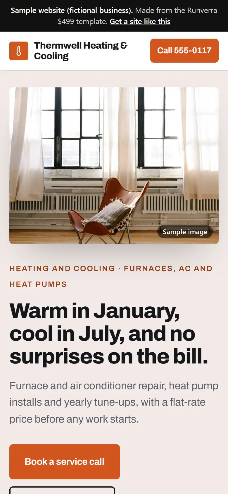 The new hvac companies website on a phone: a clear headline, its main button and a tap-to-call bar