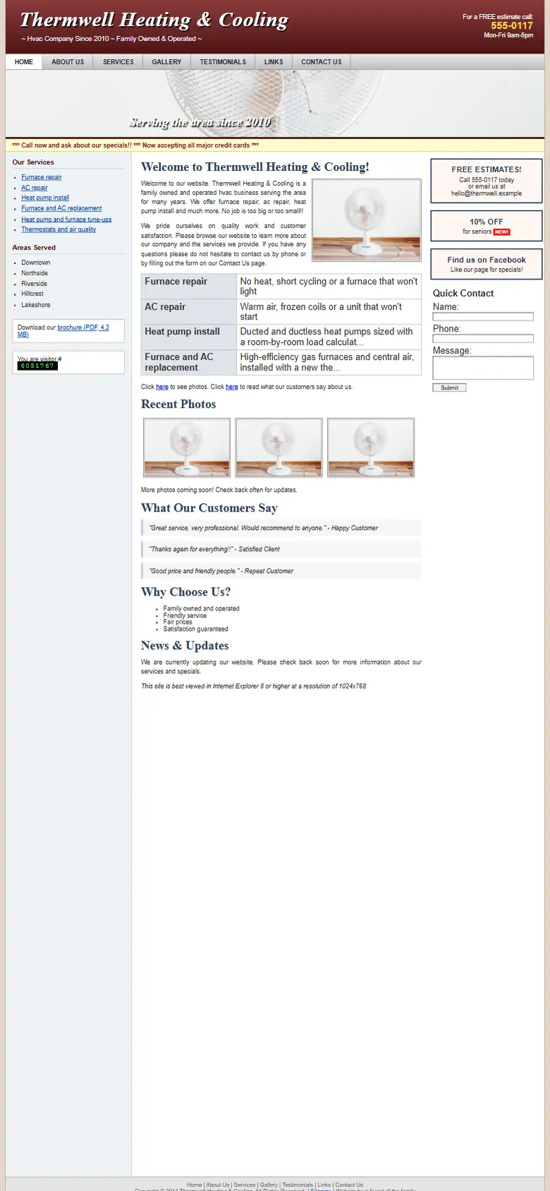 A dated hvac companies website on a phone: small text and no call button