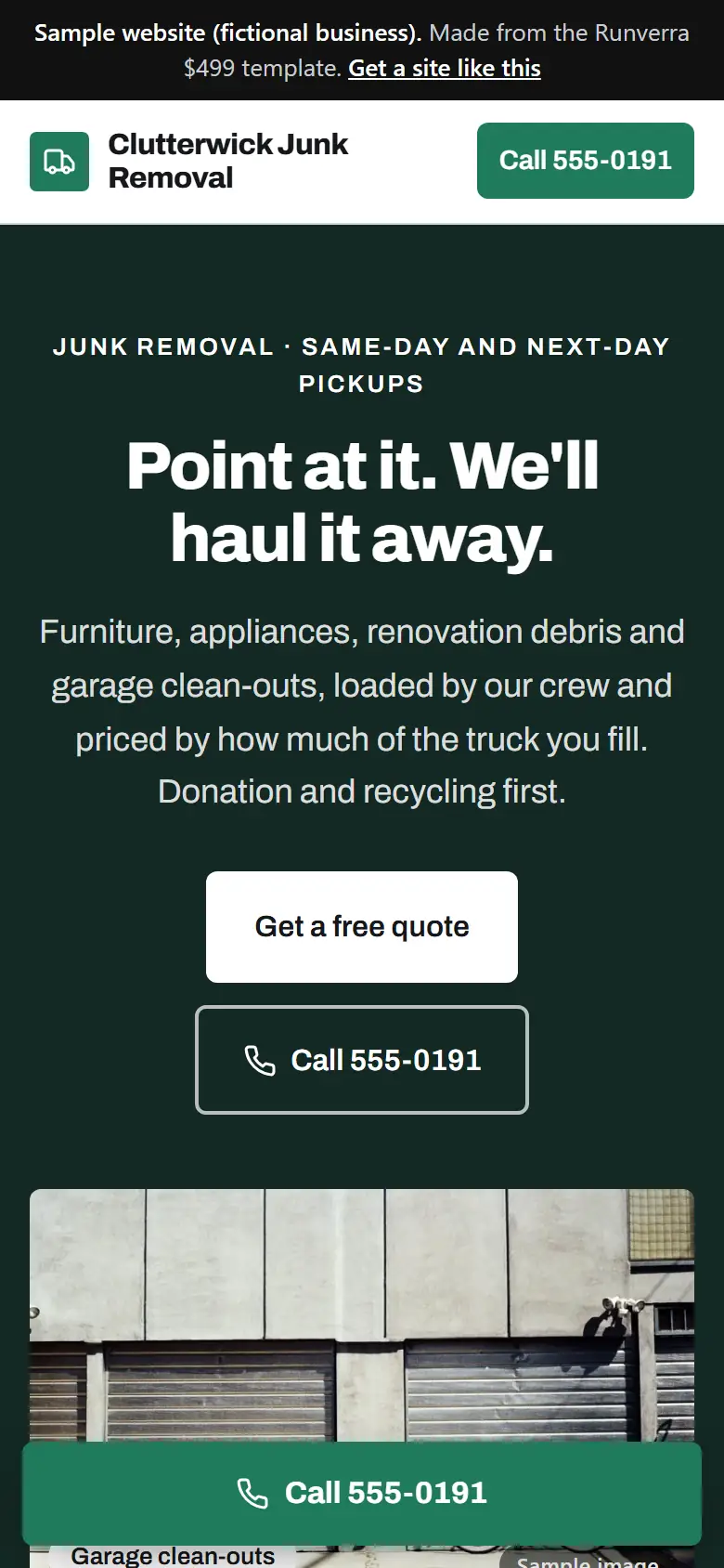 The new junk removal companies website on a phone: a clear headline, its main button and a tap-to-call bar