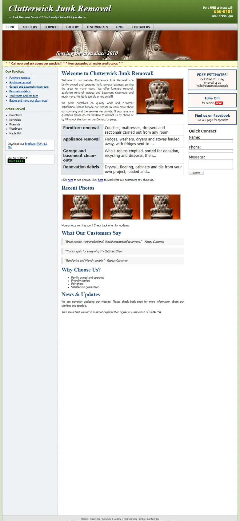 A dated junk removal companies website on a phone: small text and no call button