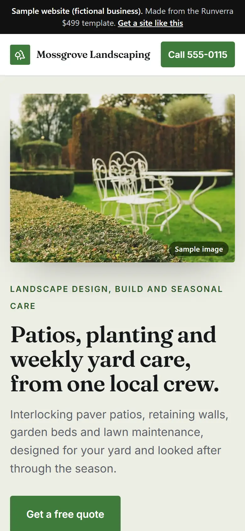 The new landscapers website on a phone: a clear headline, its main button and a tap-to-call bar