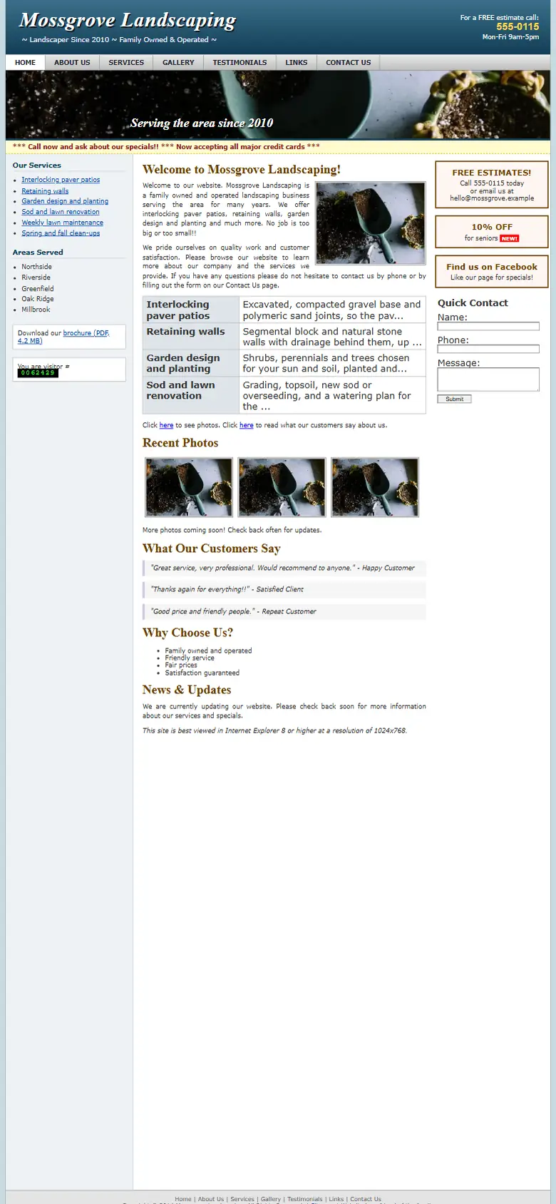 A dated landscapers website on a phone: small text and no call button
