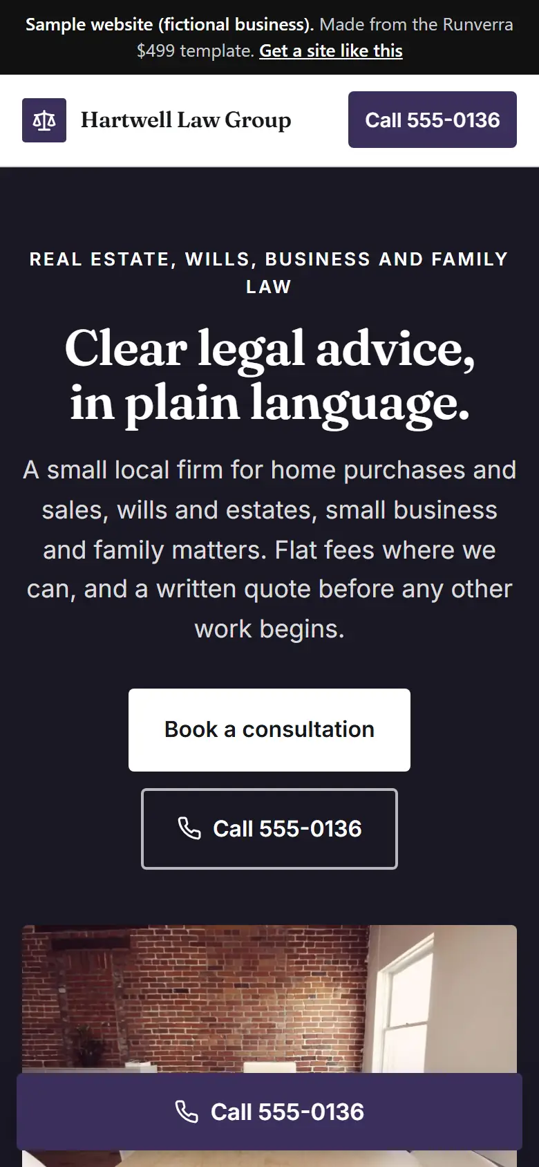 The new law firms website on a phone: a clear headline, its main button and a tap-to-call bar