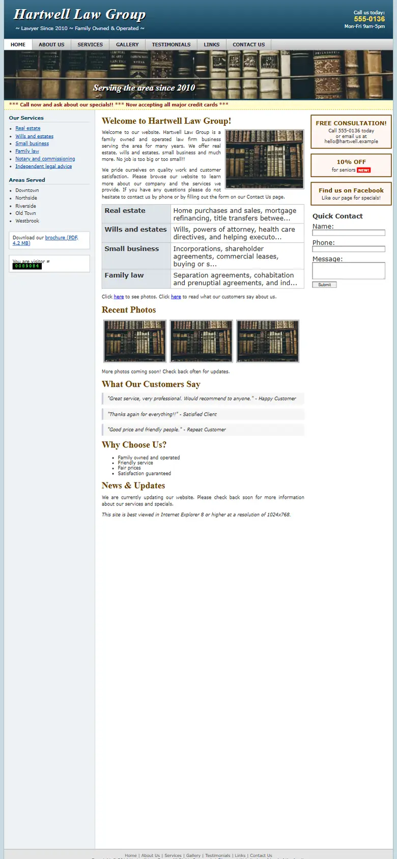 A dated law firms website on a phone: small text and no call button