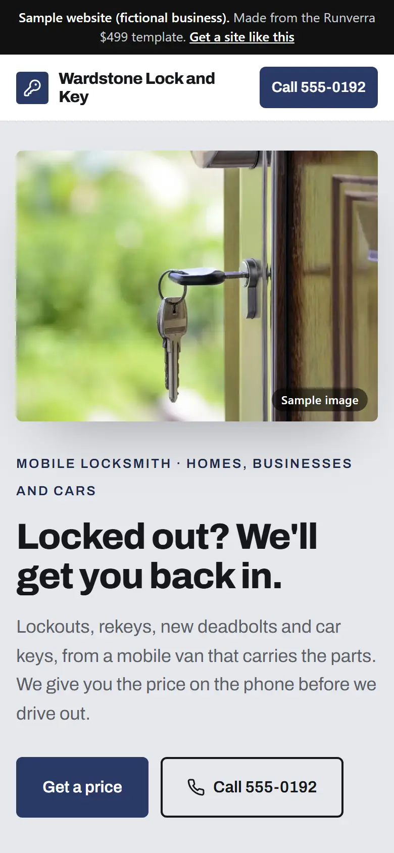 The new locksmiths website on a phone: a clear headline, its main button and a tap-to-call bar
