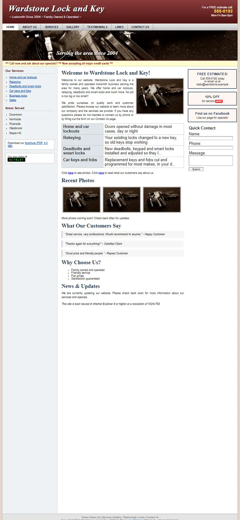 A dated locksmiths website on a phone: small text and no call button