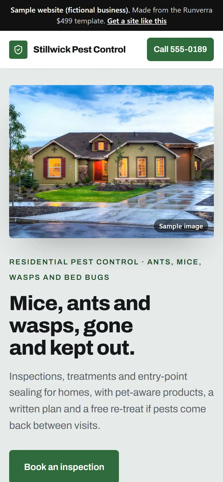 The new pest control companies website on a phone: a clear headline, its main button and a tap-to-call bar