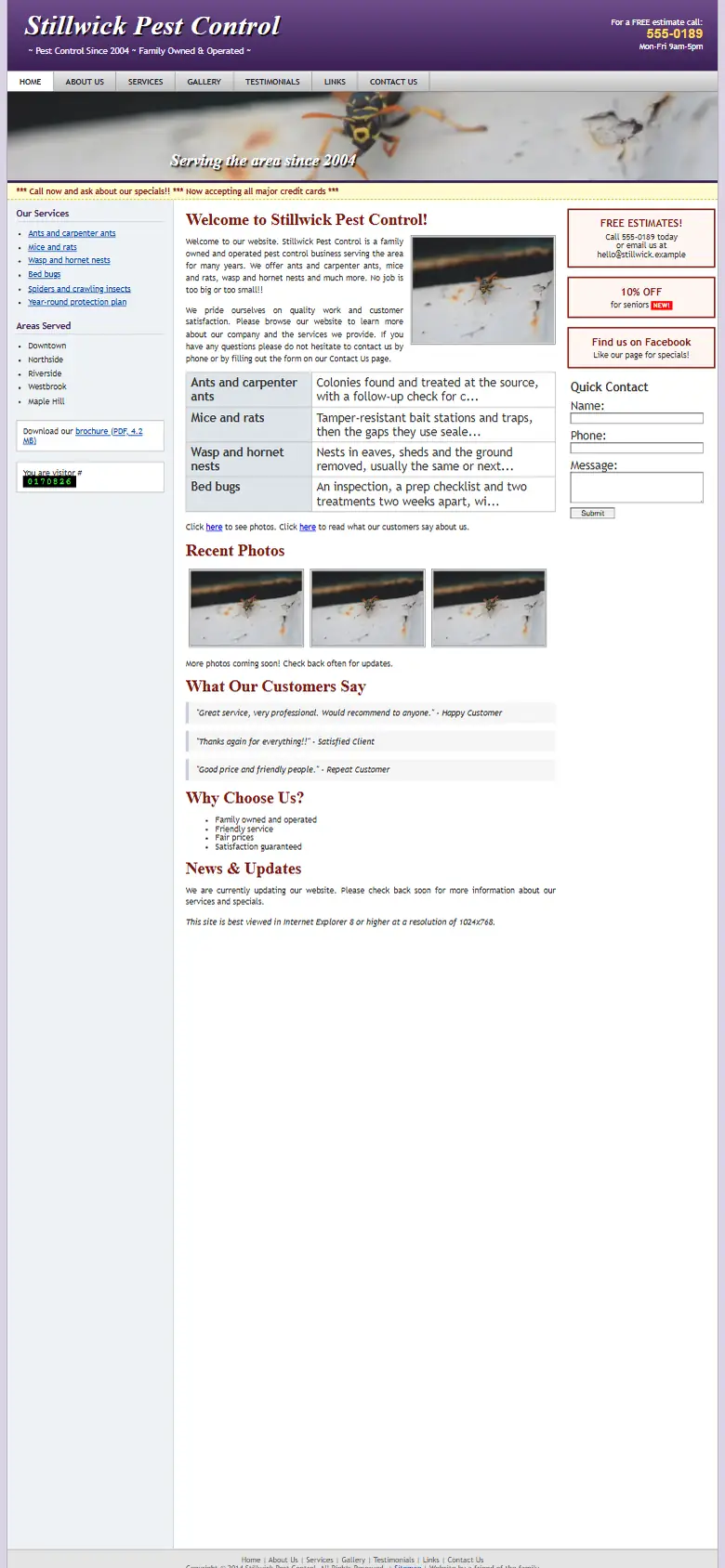 A dated pest control companies website on a phone: small text and no call button