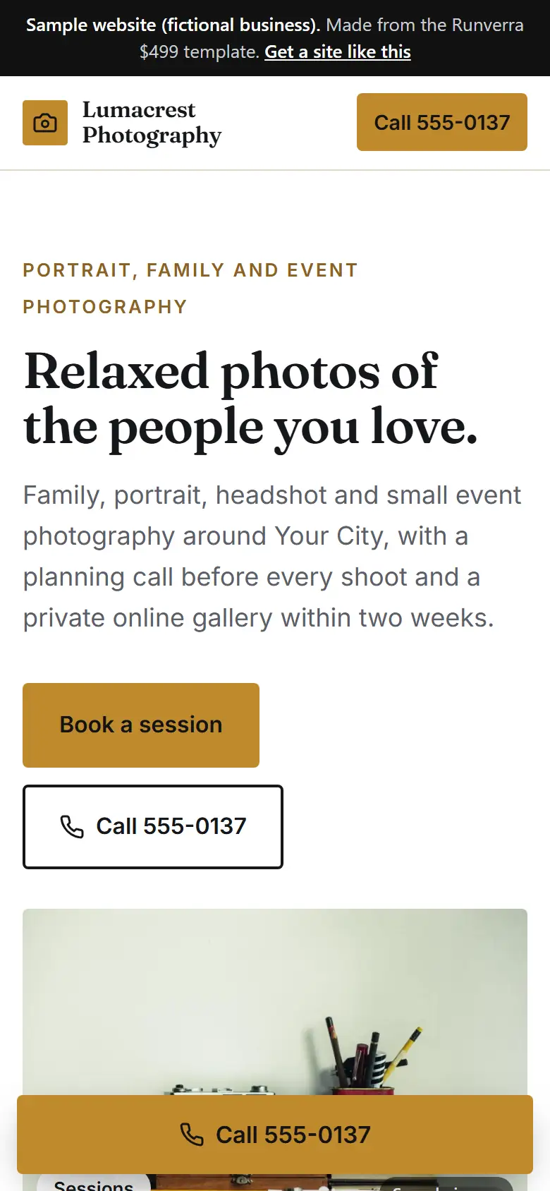 The new photographers website on a phone: a clear headline, its main button and a tap-to-call bar