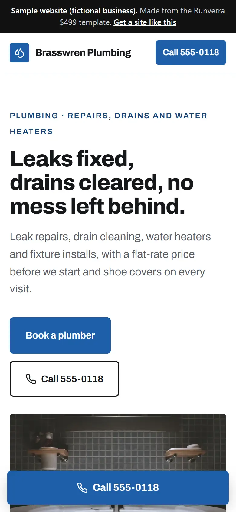 The new plumbers website on a phone: a clear headline, its main button and a tap-to-call bar