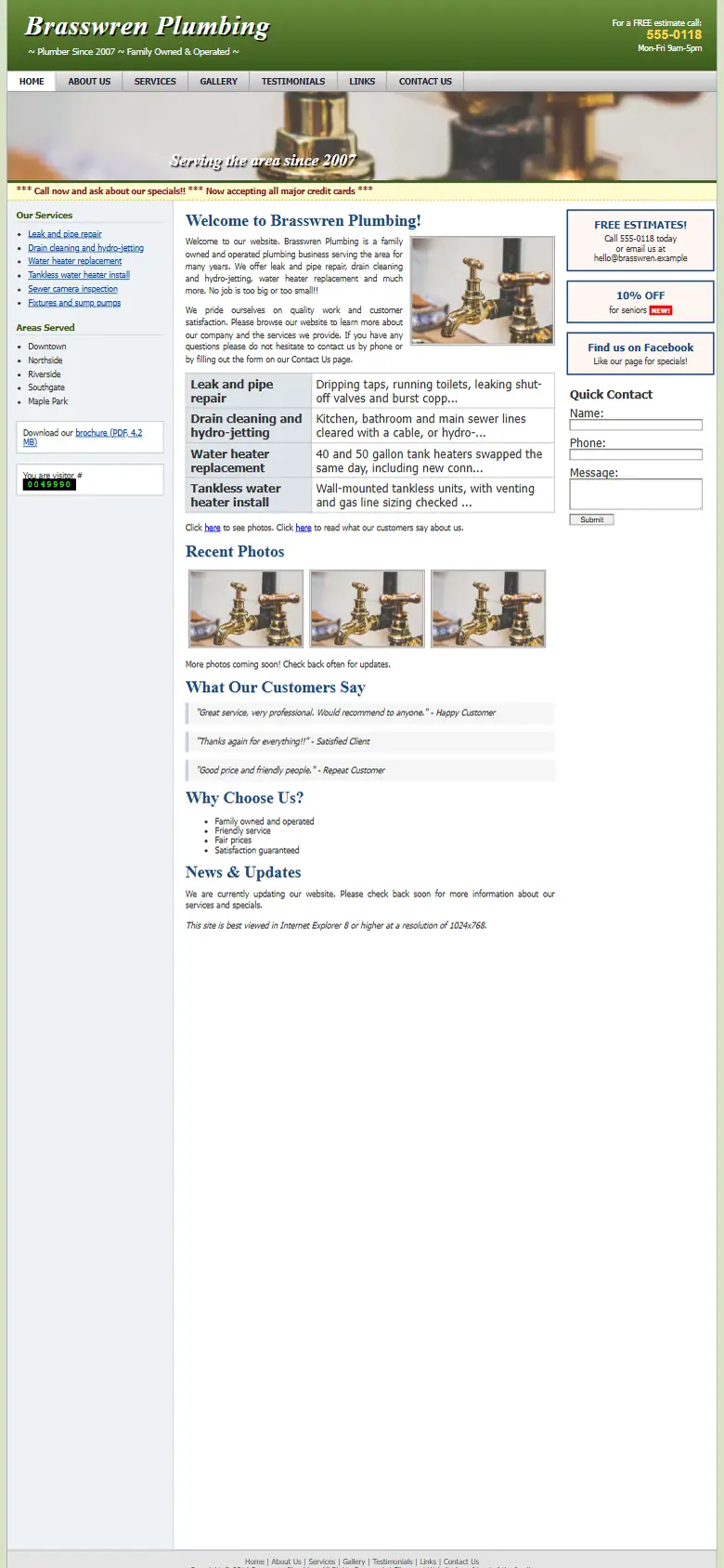 A dated plumbers website on a phone: small text and no call button