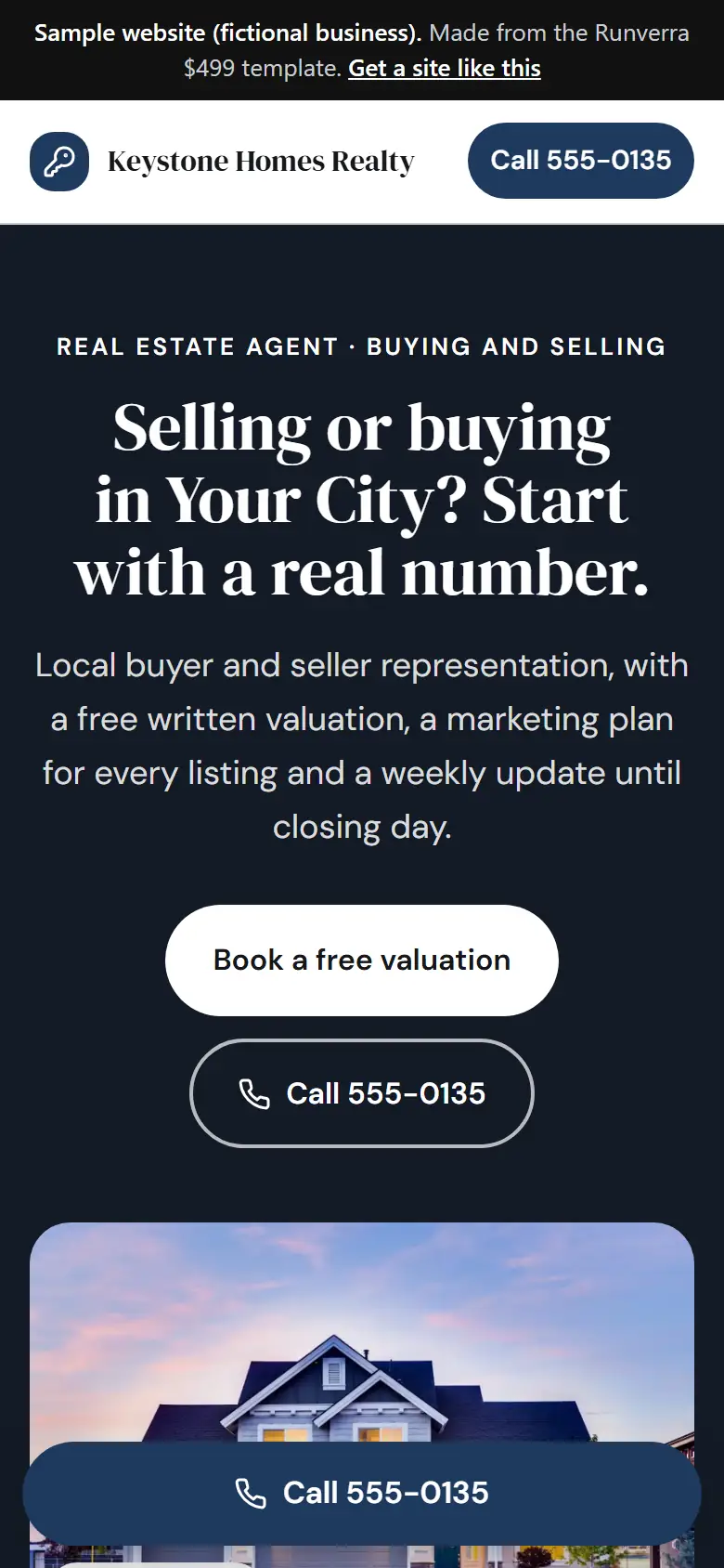 The new realtors website on a phone: a clear headline, its main button and a tap-to-call bar