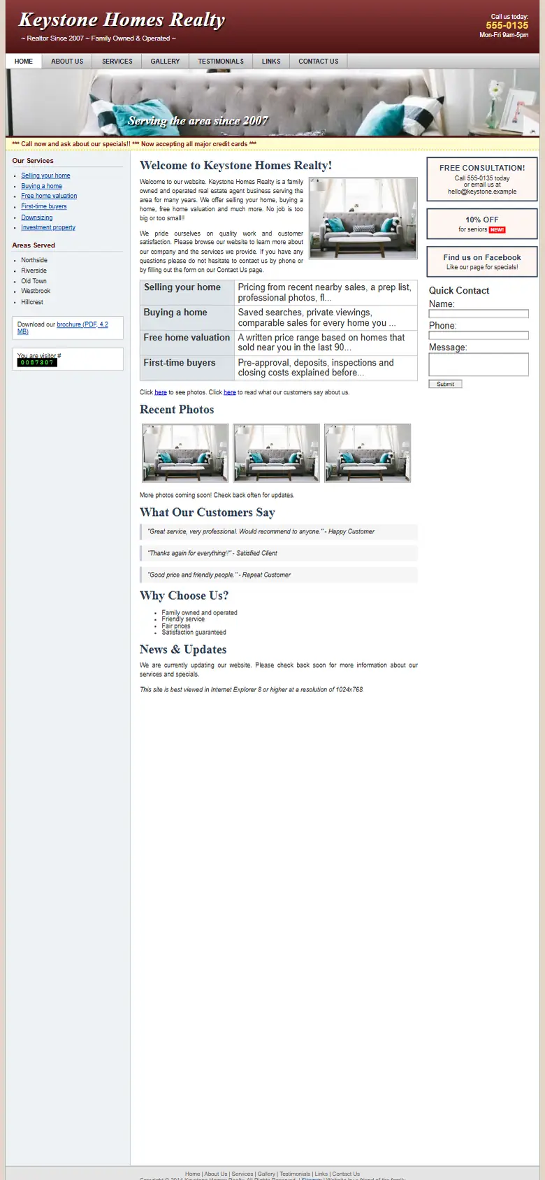 A dated realtors website on a phone: small text and no call button