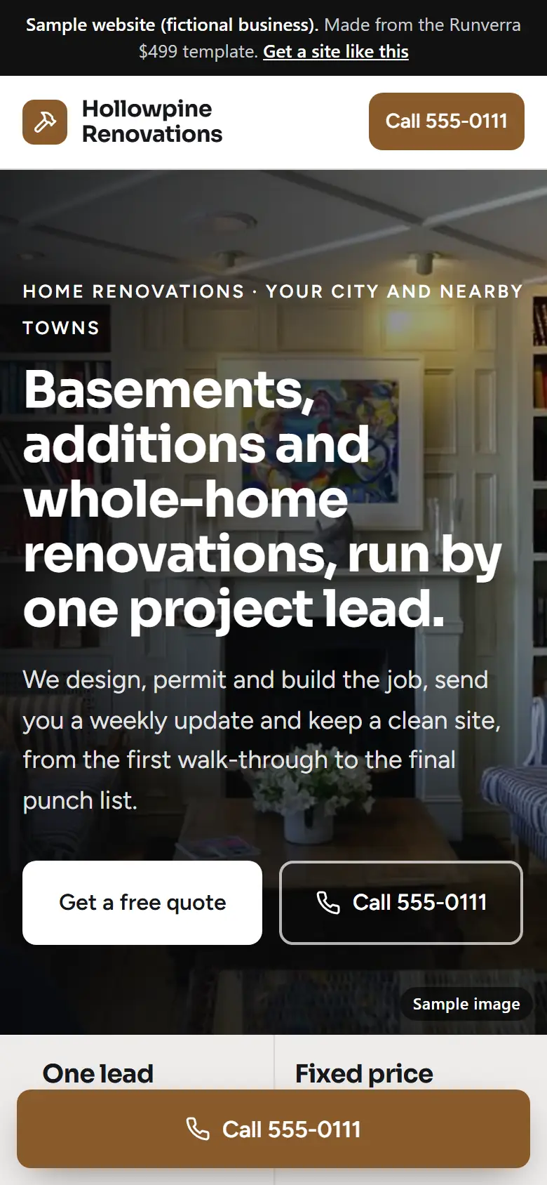 The new renovation contractors website on a phone: a clear headline, its main button and a tap-to-call bar