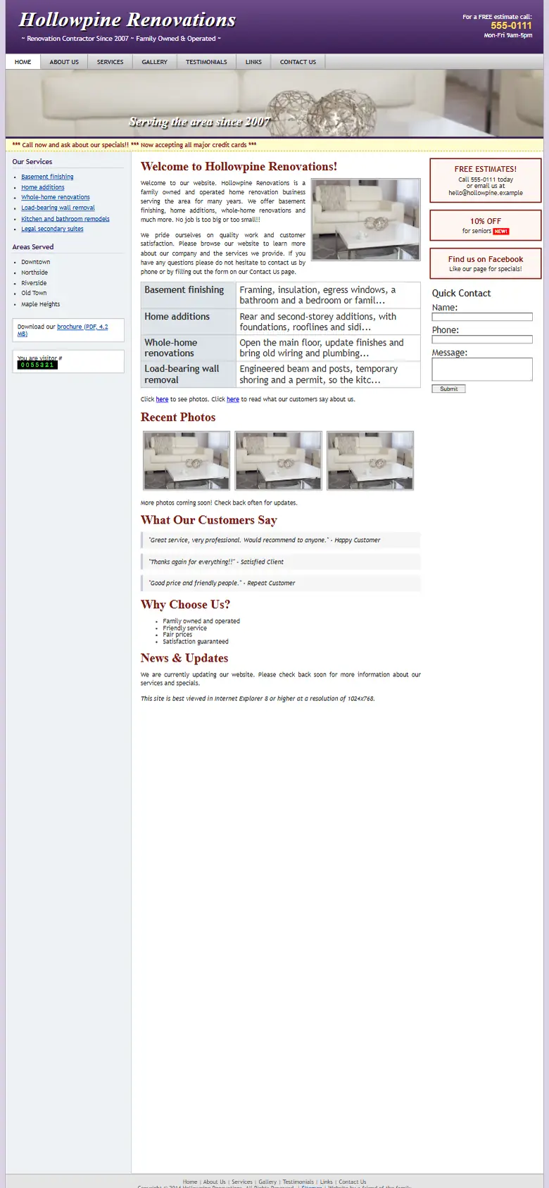 A dated renovation contractors website on a phone: small text and no call button
