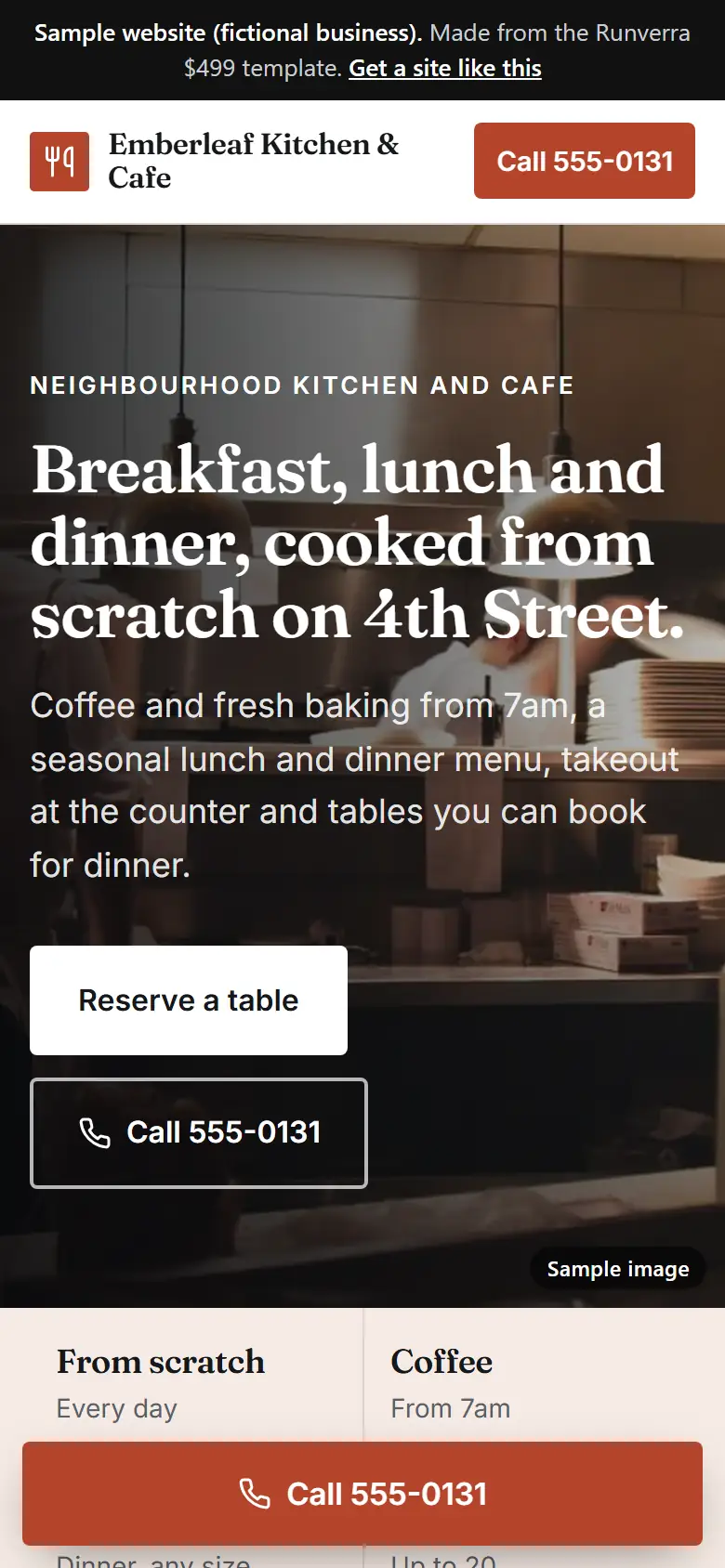 The new restaurants and cafes website on a phone: a clear headline, its main button and a tap-to-call bar
