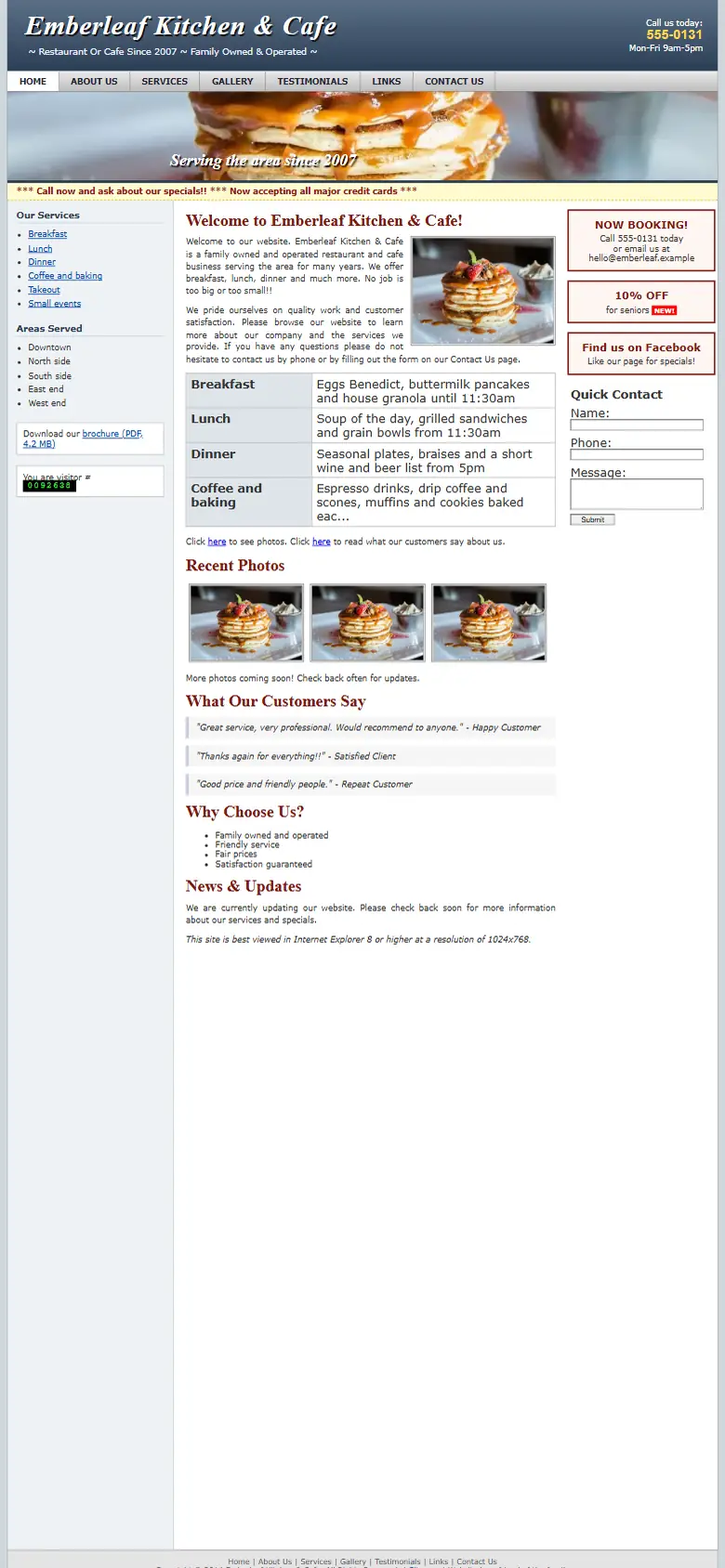 A dated restaurants and cafes website on a phone: small text and no call button
