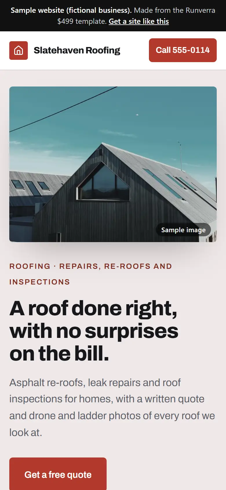 Slatehaven Roofing 的新網站(手機版):清楚的標題、主要按鈕,以及底部的一按即撥列