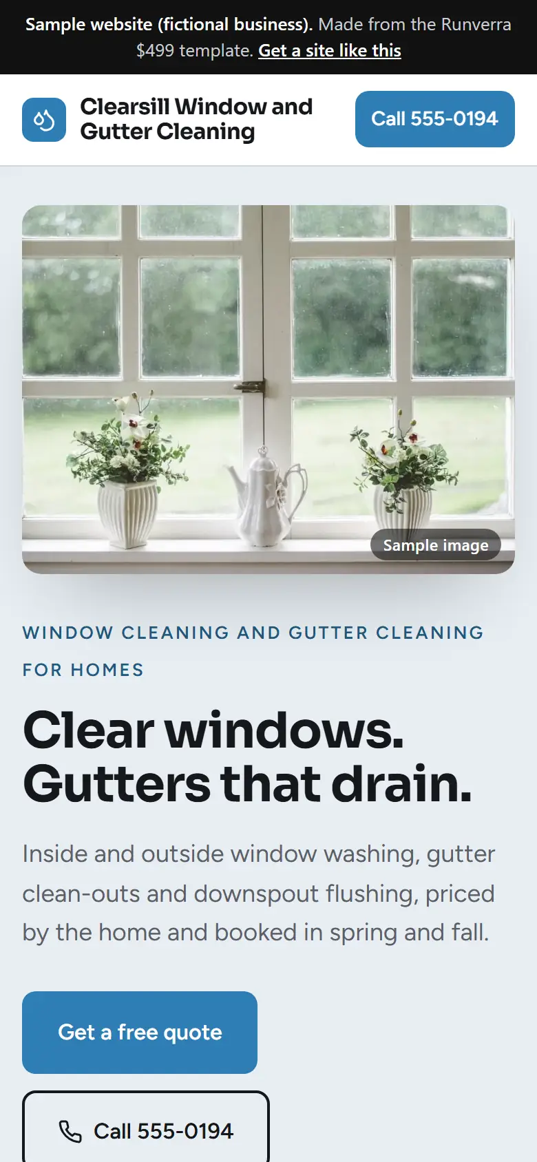 The new window and gutter cleaners website on a phone: a clear headline, its main button and a tap-to-call bar