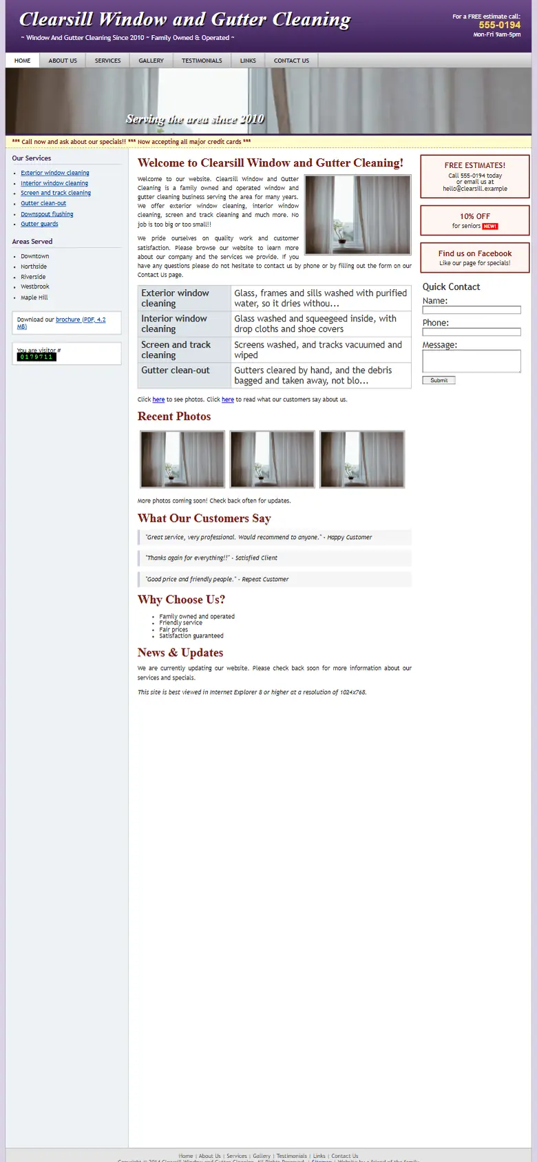 A dated window and gutter cleaners website on a phone: small text and no call button