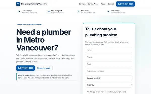 Emergency plumbing referral site home page