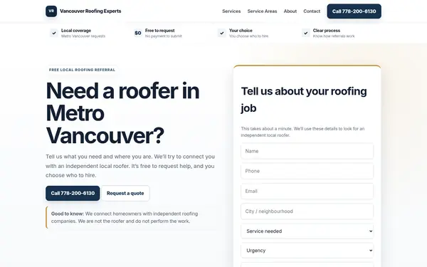 Roofing referral site home page