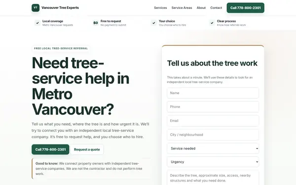 Tree service referral site home page