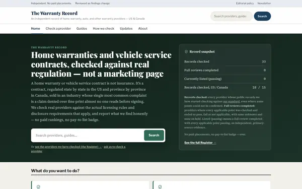 thewarrantyrecord.org home page